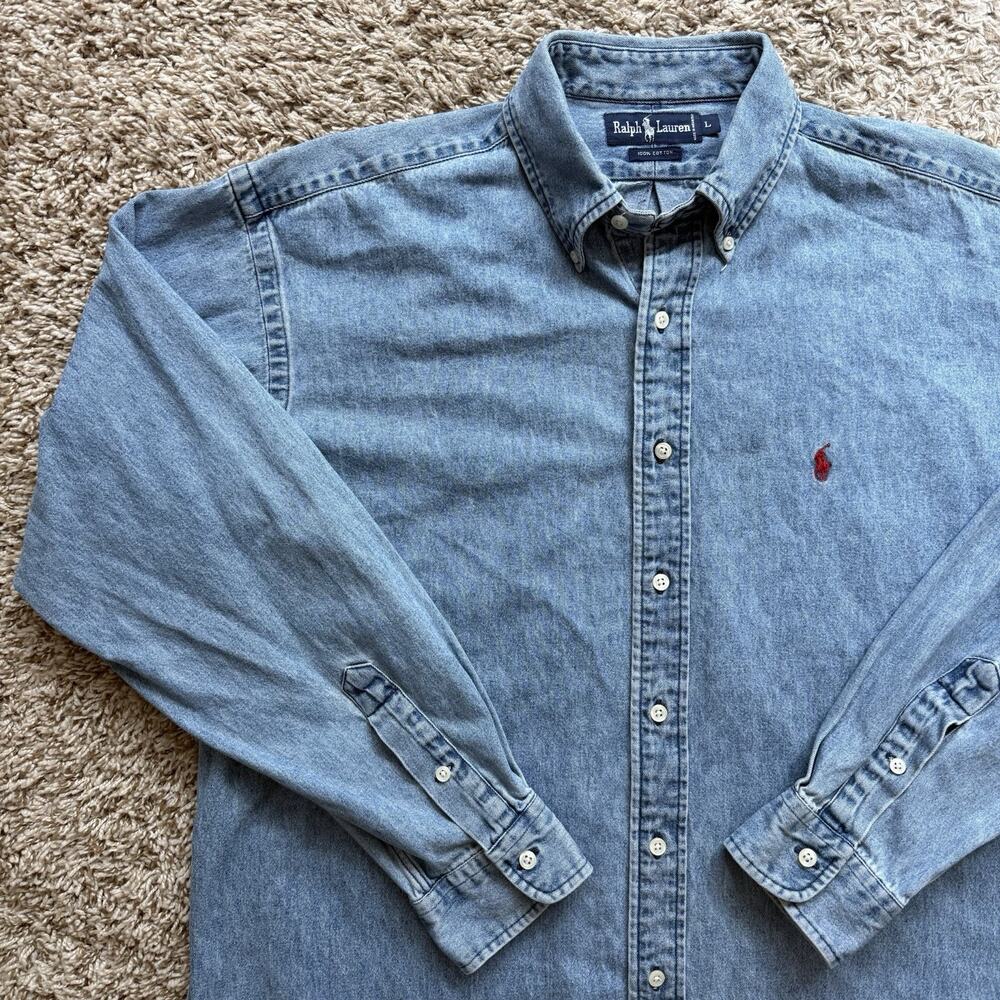 Vintage Polo Ralph Lauren Denim Shirt Men’s Size L Blue Button Down Long Sleeve